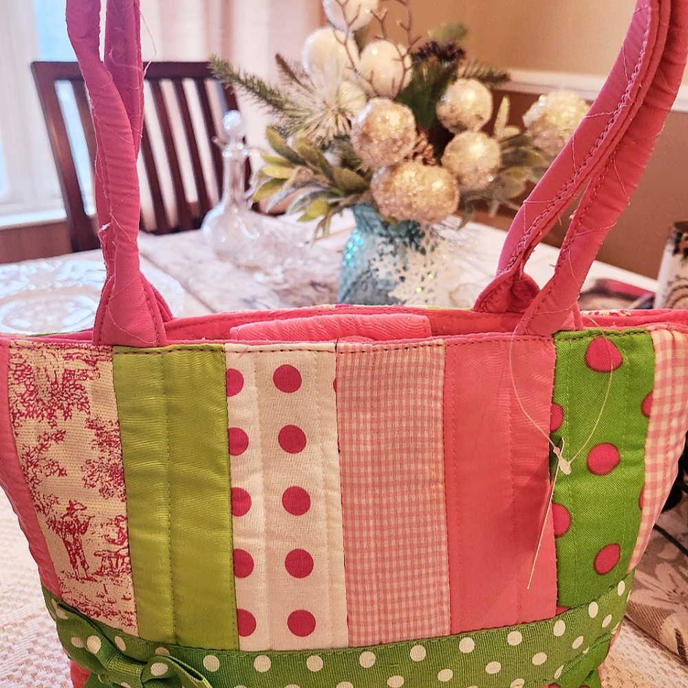 Colorful Pink and Green Tote Bag with Floral Patterns